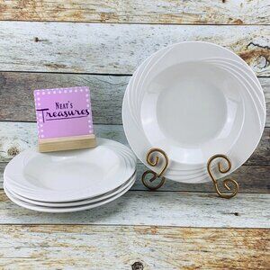 CAC GAD GARDEN STATE Bone White Embossed Swirl Rim Porcelain Pasta Bowls Set 4